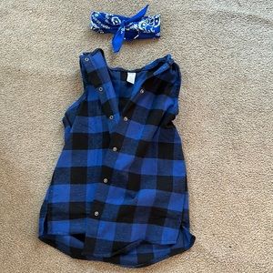 Blue small adult flannel tank top with hood and bandanna headpiece